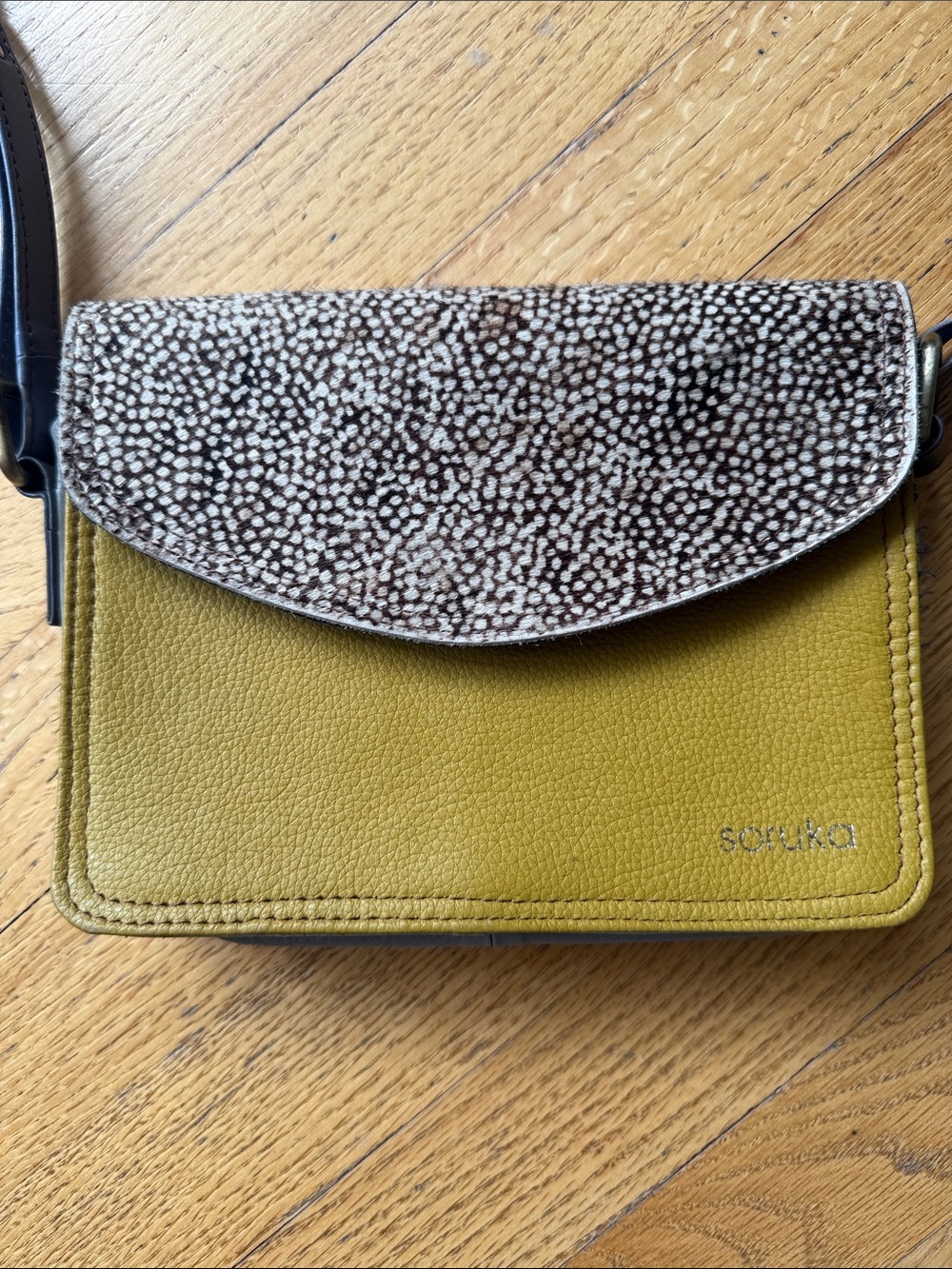 Soruka Recycled Leather Crossbody Bag - Mustard and Animal Print